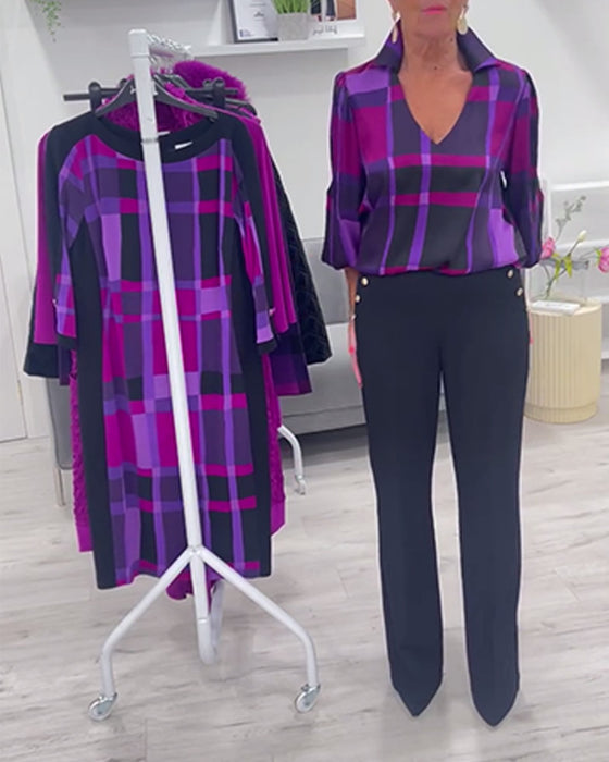 Bluzka w dużą kratę z dekoltem w kształcie litery V