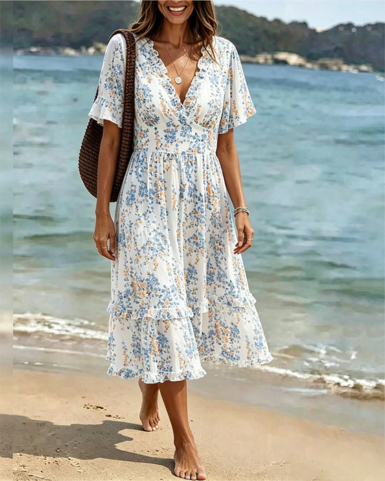 Sukienka Kwiatowy Ruffle V-Szyja Patchwork