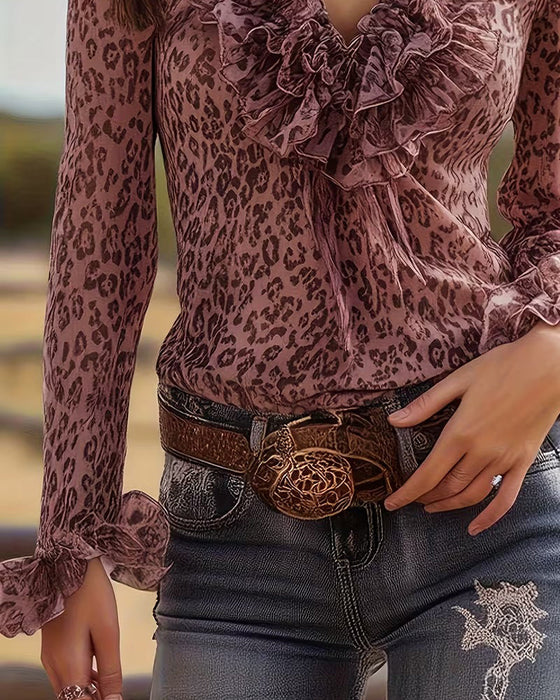 Bluzka Plisowany Dekolt W Serek Leopardzi Print