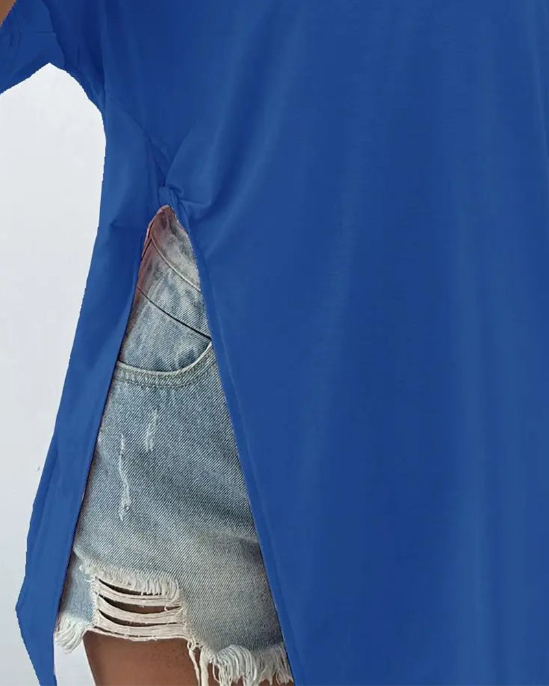 T-Shirt Okrągły Dekolt Rozcięty Krótki Rękaw