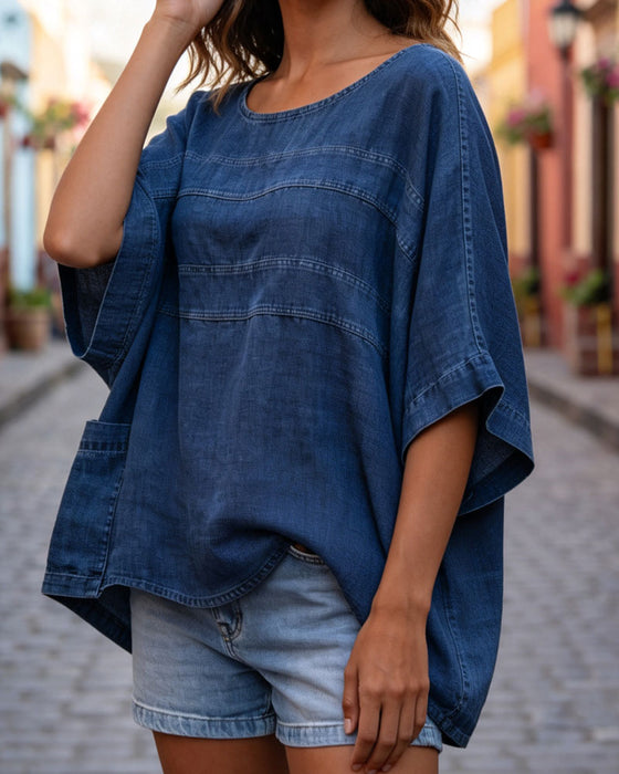 Top Luźny Rękaw Nietoperz Denim