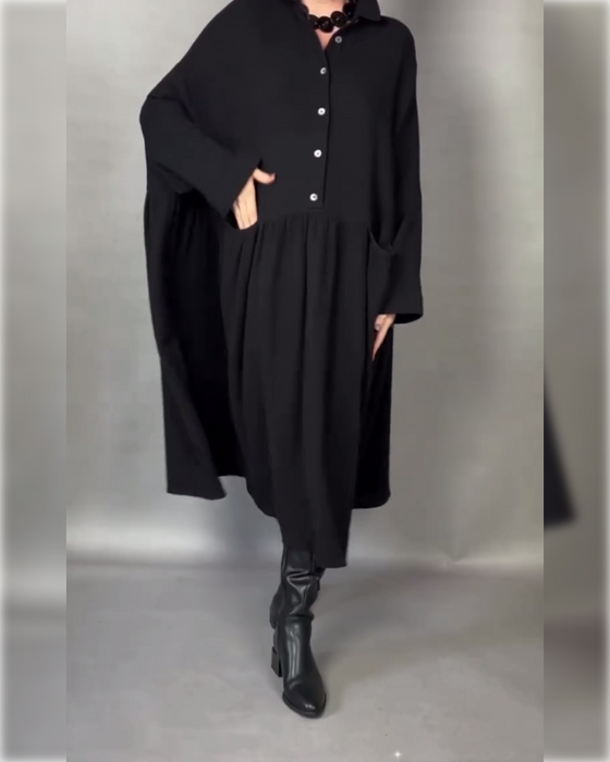 Oversize Sukienka W Linii A Z Kołnierzem I Guzikami
