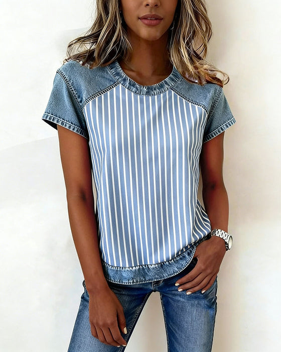 T-Shirt Denim Patchwork W Paski Krótki Rękaw