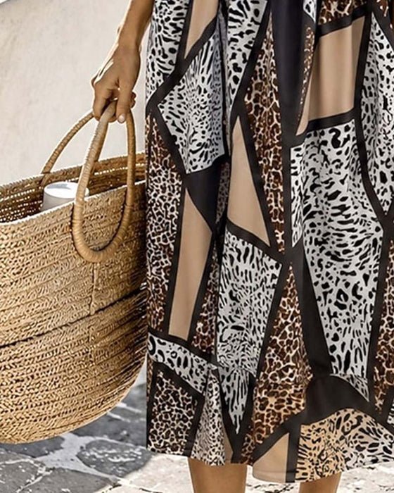 Sukienka Geometryczny Patchwork Lampart Pełna Spódnica Maxi