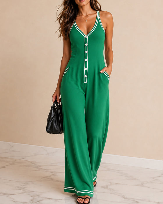 Jumpsuit Bez Rękawów Kontrast Ramiączko Spaghetti
