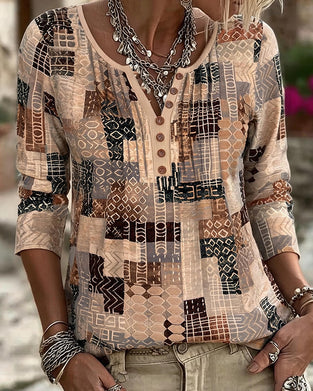 T-Shirt Geometryczny Patchwork Druk Henley