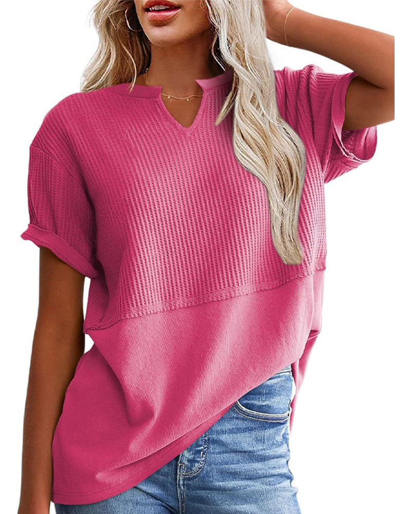 T-Shirt Przewiązana W Talii Patchwork Dekolt W Kształcie Litery V Sweter