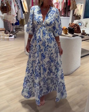 Sukienka Głęboki Dekolt W Szyję Elegancki Kwiatowy Długa