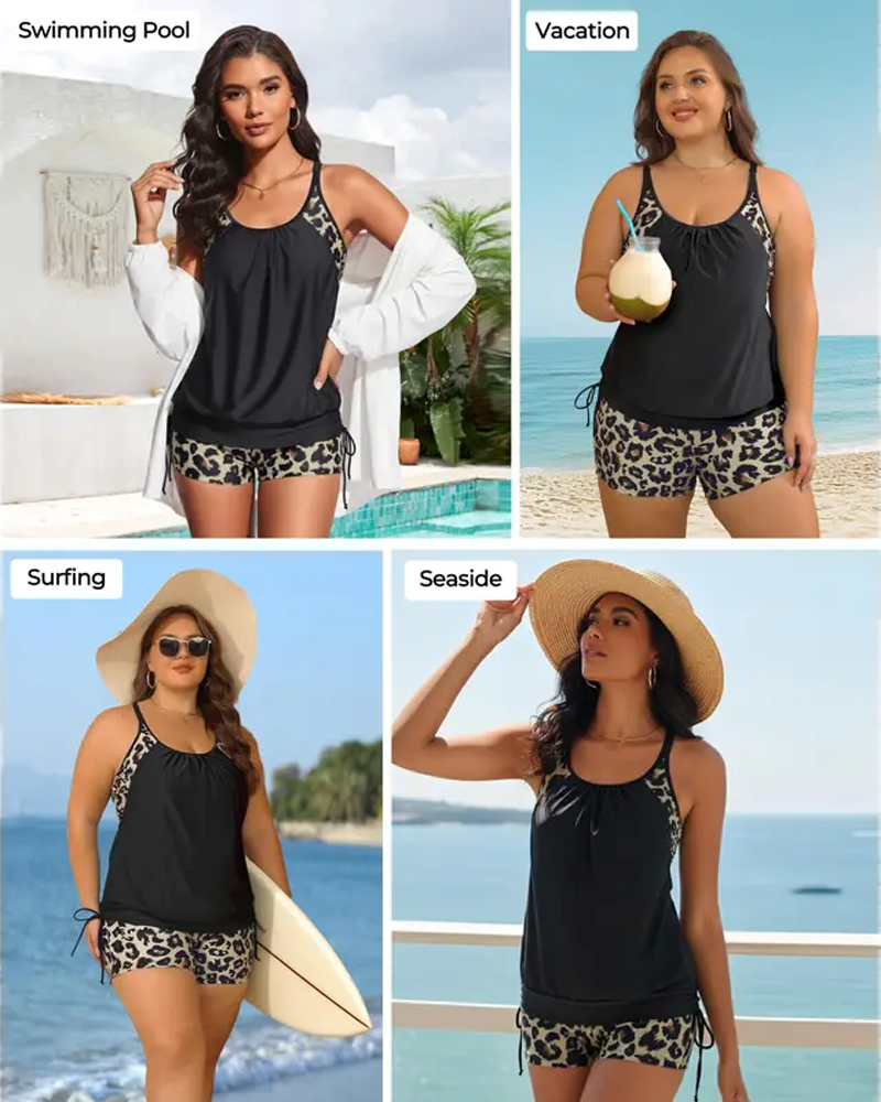 Tankini Bez Rękawów Lampart Patchwork Ściągacz