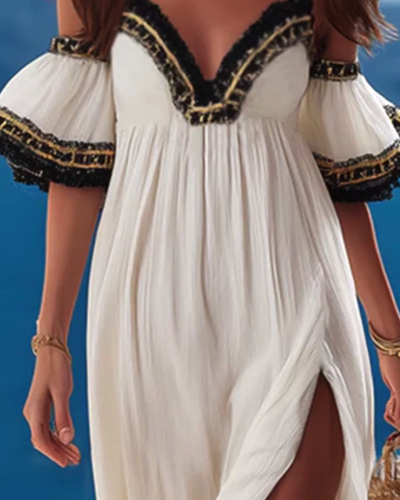 Sukienka Bogato Zdobiona Haftowana Odsłaniająca Ramiona Rozcięcie Wakacje