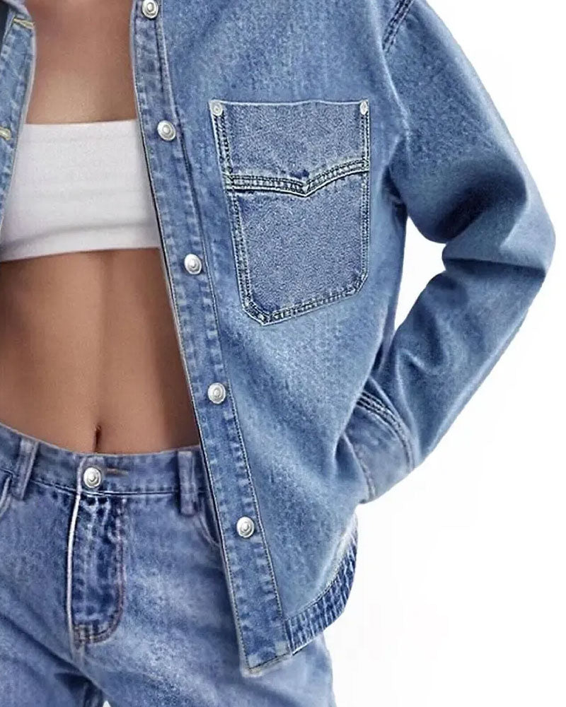 Koszula Klapa Guzik Długi Rękaw Denim