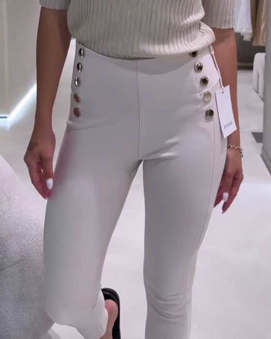 Spodnie Wysoka Talia Boczny Guzik Stretch