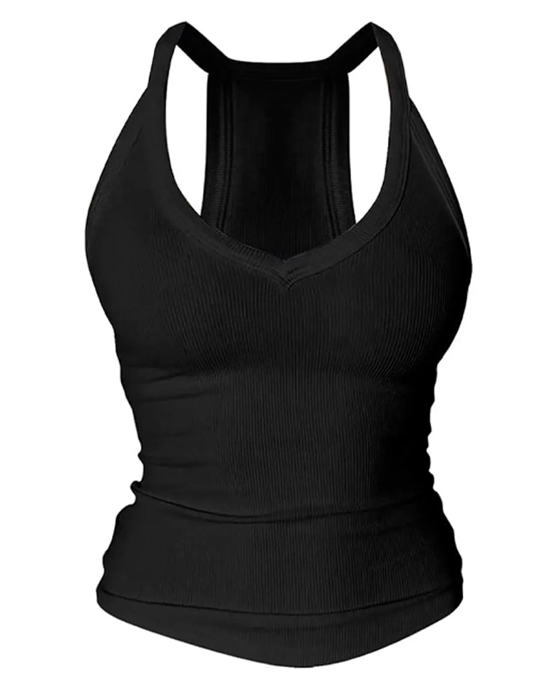 Top Cami Wbudowany Biustonosz Dekolt W Kształcie Litery V Żebrowany Ramiączka Spaghetti