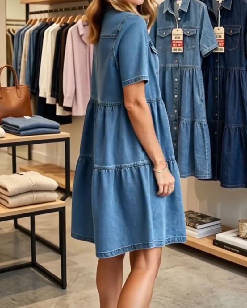 Sukienka Denim Falbanka Warstwowa Krótki Rękaw