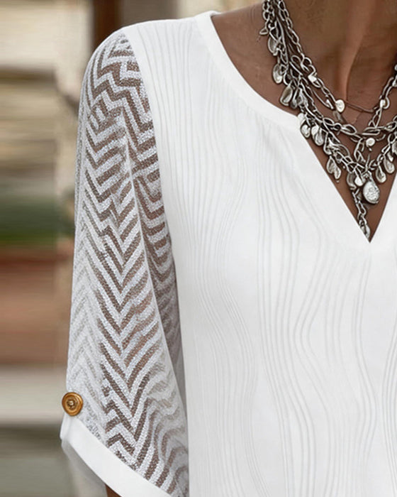 Bluzka V-Neck Koronka Panel Solid Linia