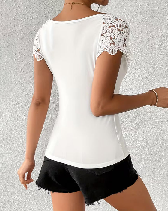T-Shirt Koronka Off-The-Shoulder Patchwork