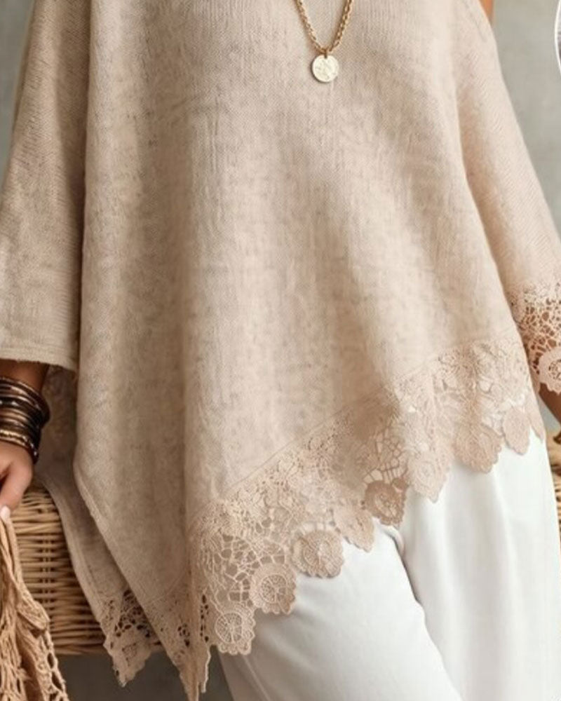 Sweter Jedno Ramie Koronkowy Brzeg Patchwork