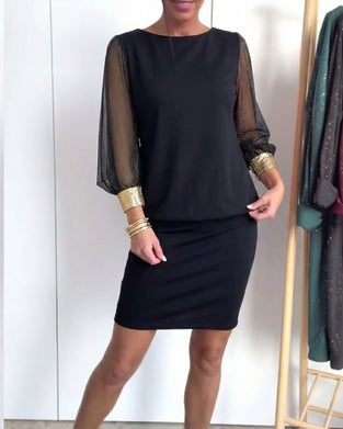 Sukienka Tiul Kontrast Kolorów Długi Rękaw