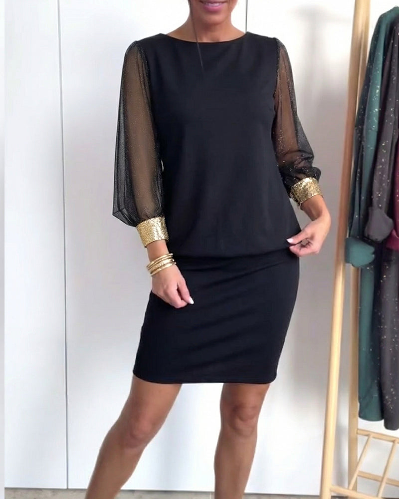 Sukienka Tiul Kontrast Kolorów Długi Rękaw