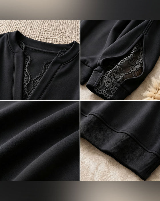Sweatshirt Dekolt W Rozcięcie Koronka Patchwork