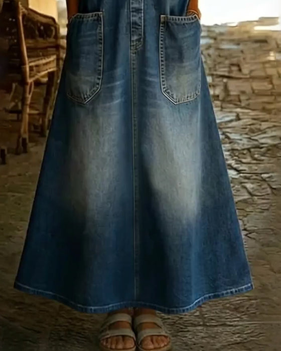 Sukienka Bez Rękawów Guzik Denim Kamizelka Długa