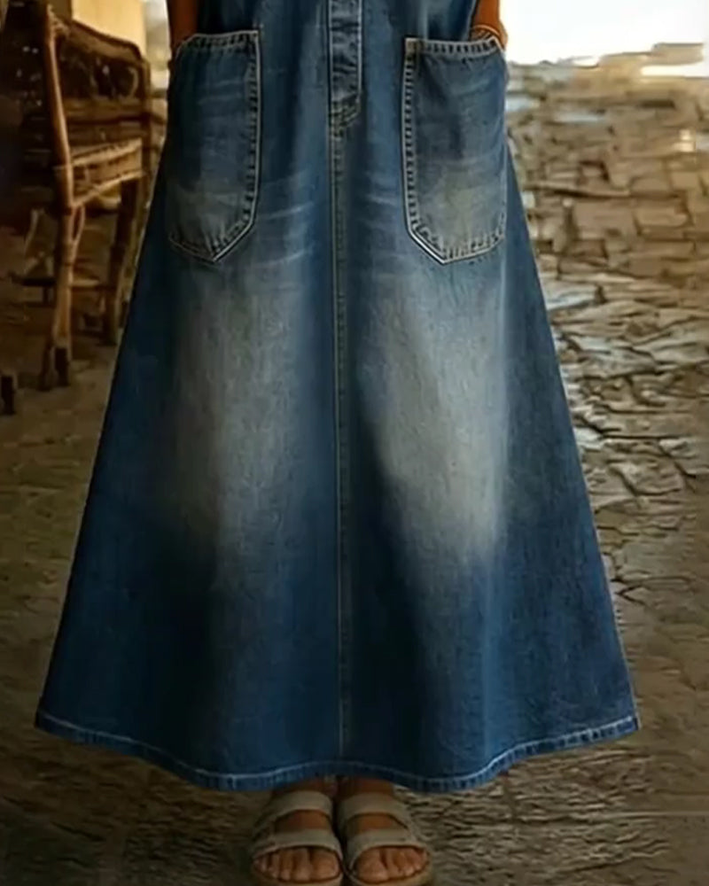 Sukienka Bez Rękawów Guzik Denim Kamizelka Długa