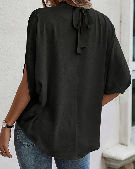 Bluzka Mock Neck Plisowany Trzy Czwarte Rękaw Gładki
