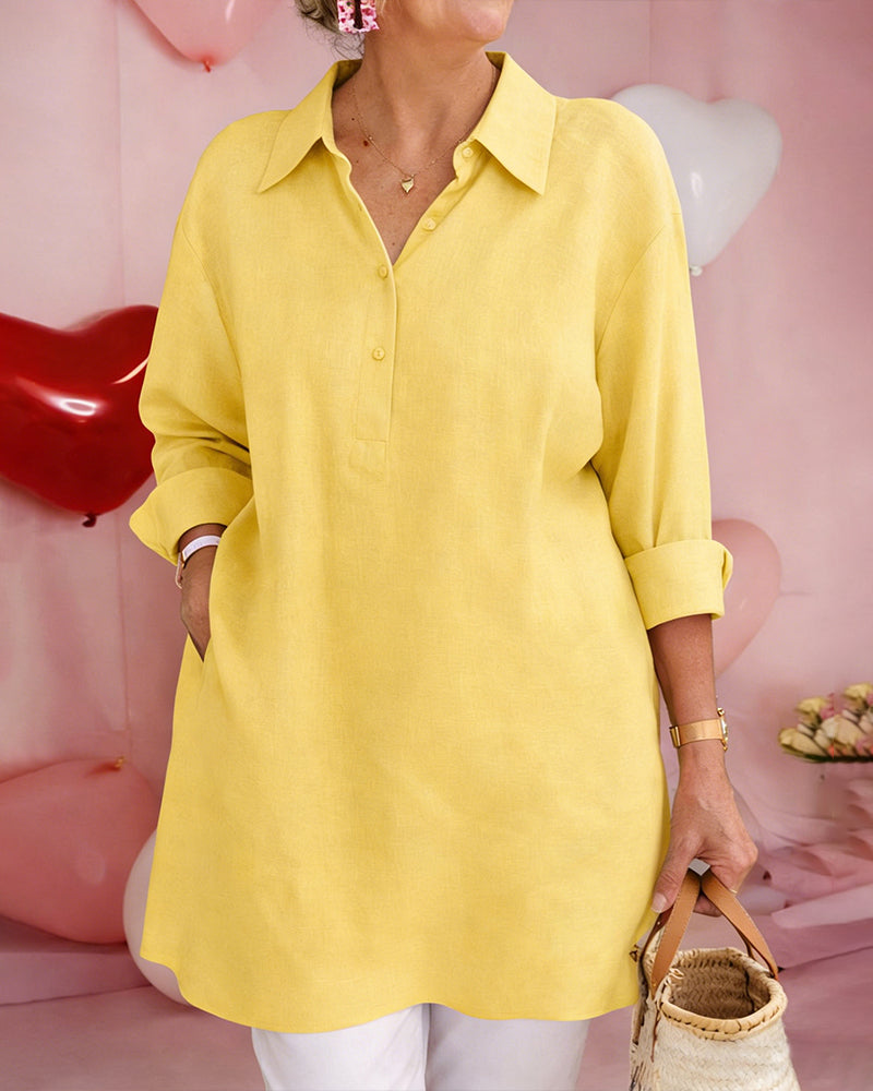 Koszula Jednokolorowa Midi Długość Bawełna-Len