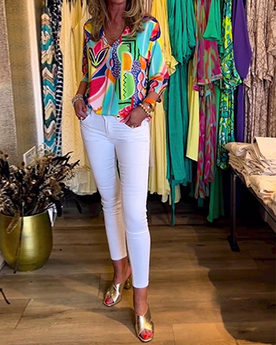 Luźna bluzka z nadrukiem z długim rękawem