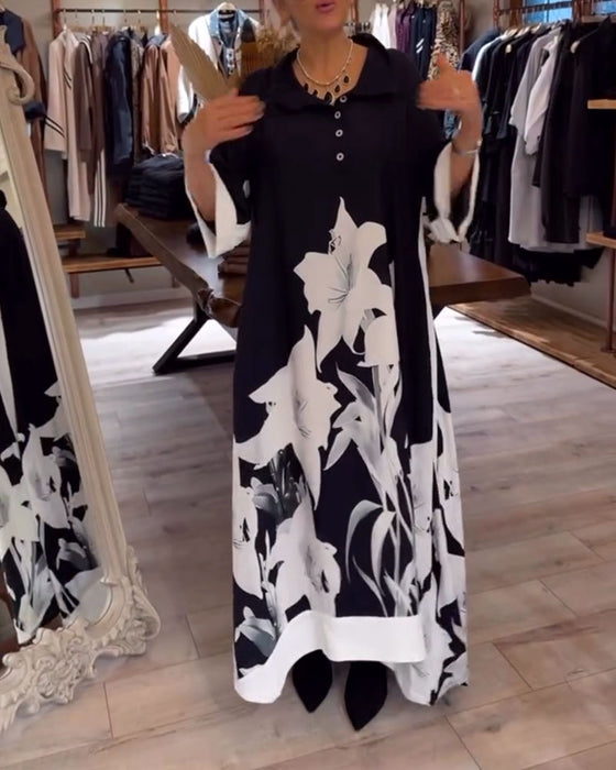 Sukienka Kołnierz Nadruk Oversized Maxi