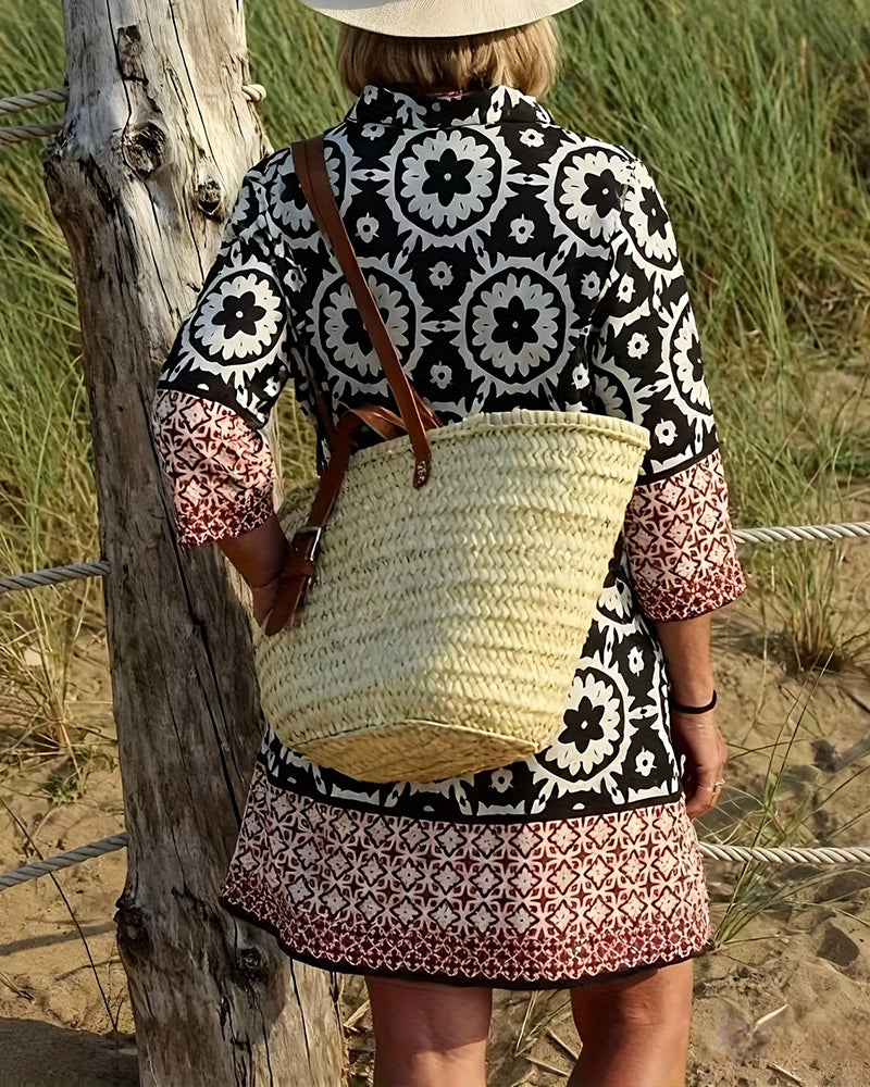 Sukienka Etniczny Styl Rękaw Trzy Czwarte