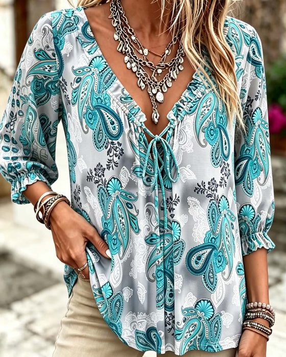 Bluzy Paisley V-Szyja Wiązać