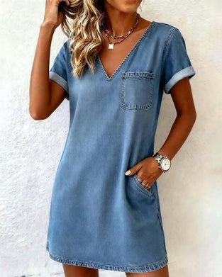 Sukienka Denim V Dekolt Krótki Rękaw Shift