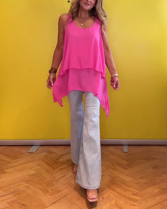 Dwuwarstwowa bluzka bez rękawów w jednolitym kolorze