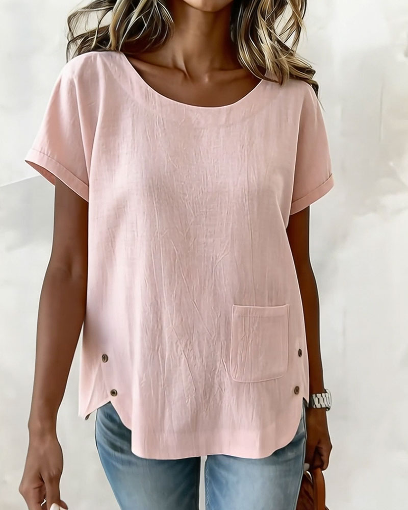 T-Shirt Bawełna Len Guzik Detal Krótki Rękaw