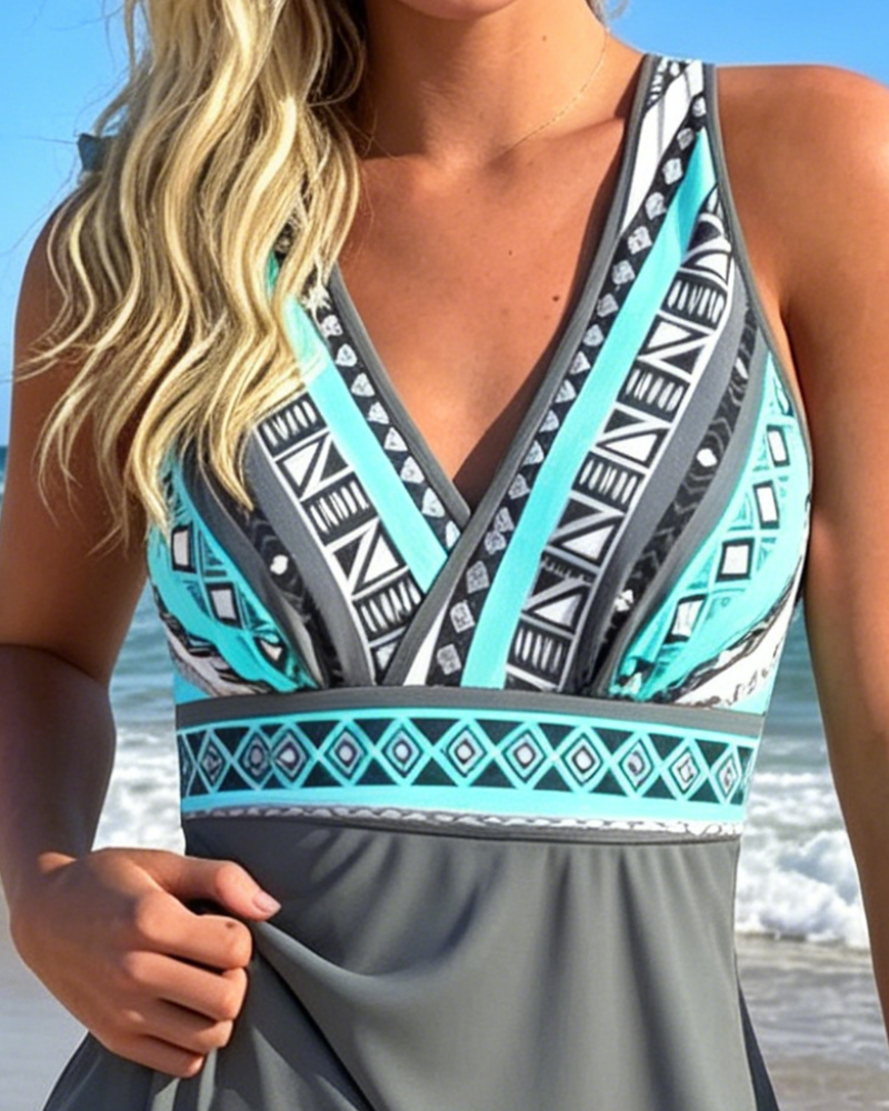 Swimdress Bez Rękawów V-Szyjka Geometryczny Druk