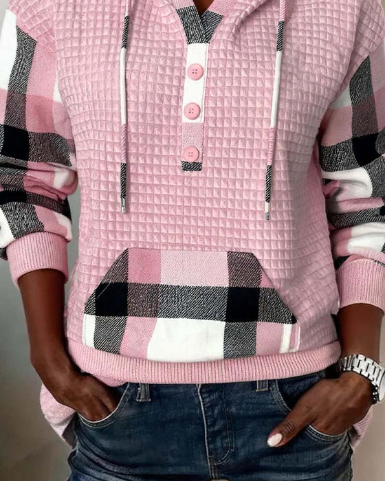 Bluza Z Kapturem Krata Patchwork Swobodny