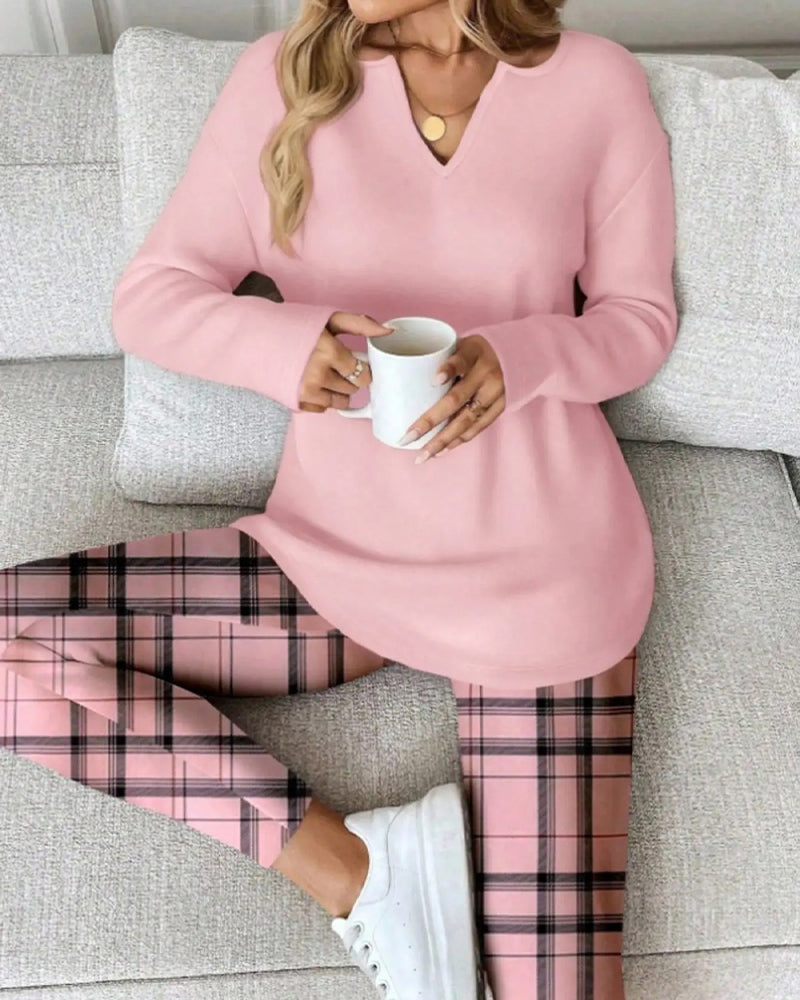 Zestaw V-Szyja Gładki Top + Krata Spodnie Loungewear