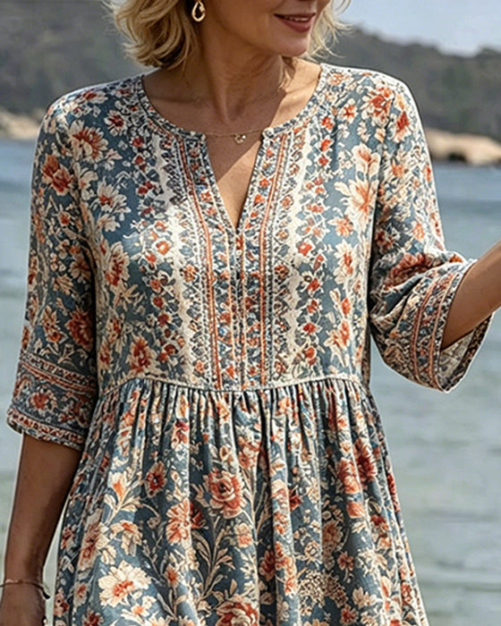 Sukienka Mini V-Szyja Kwiatowy Patchwork
