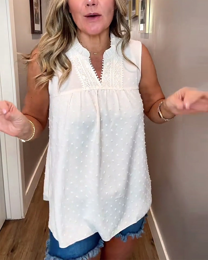 Top Bez Rękawów V-Dekolt Koronka Patchwork