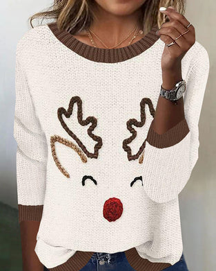 Sweter casualowy z okrągłym dekoltem, wzór świąteczny