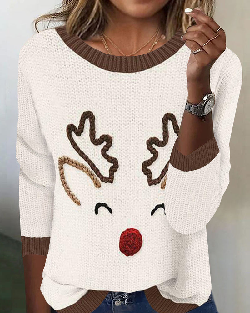 Sweter casualowy z okrągłym dekoltem, wzór świąteczny