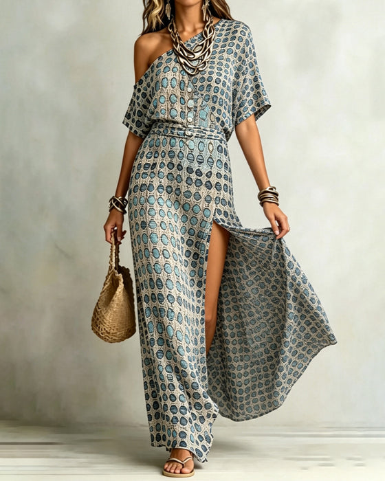 Sukienka Off-Ramię Polka Dot Rozcięcie