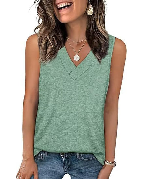 Top T-Shirt Damskie Bez Rękawów Dekolt V Wyszczuplający Luźny Krój Casual