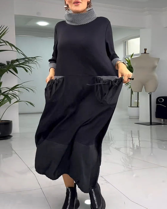 Sukienka w kratę z wysokim kołnierzem i kieszeniami