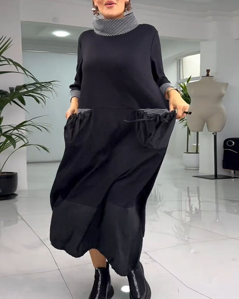 Sukienka w kratę z wysokim kołnierzem i kieszeniami