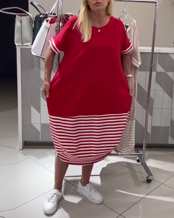 Sukienka Kontrastowe Paski Krótki Rękaw Casual