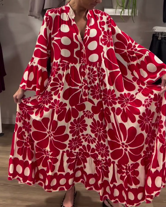 Sukienka V-Neck Luźny Plus Size Kwiatowy Nadruk