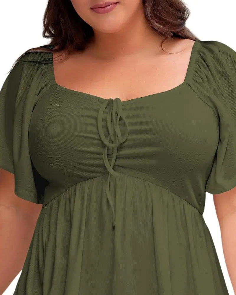 T-Shirt Large Size Square Neck Bubble Sleeve