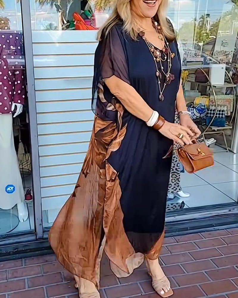 Sukienka Rękaw Nietoperza Szyfon Nadruk Maxi